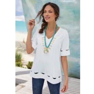 Soft Surroundings Olympia Top Detailed White Blouse V-Neck Cotton Made In India
